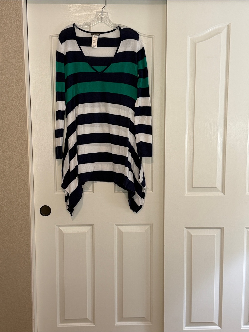 Tommy Bahama Navy, White & Green Striped V-Neck Tunic Scarf Sweater. Size M